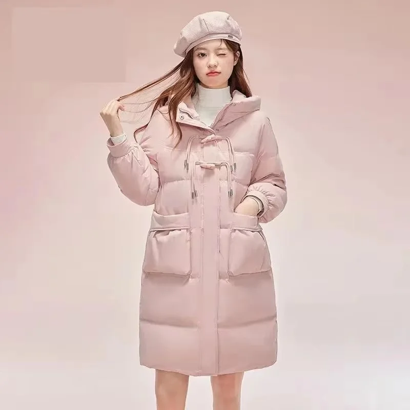 

Winter New Down Jacket Women Parkas Korean Long Warm Cotton Coats Ladies Fashion Outerwear Horn Button Bread Overcoat Female