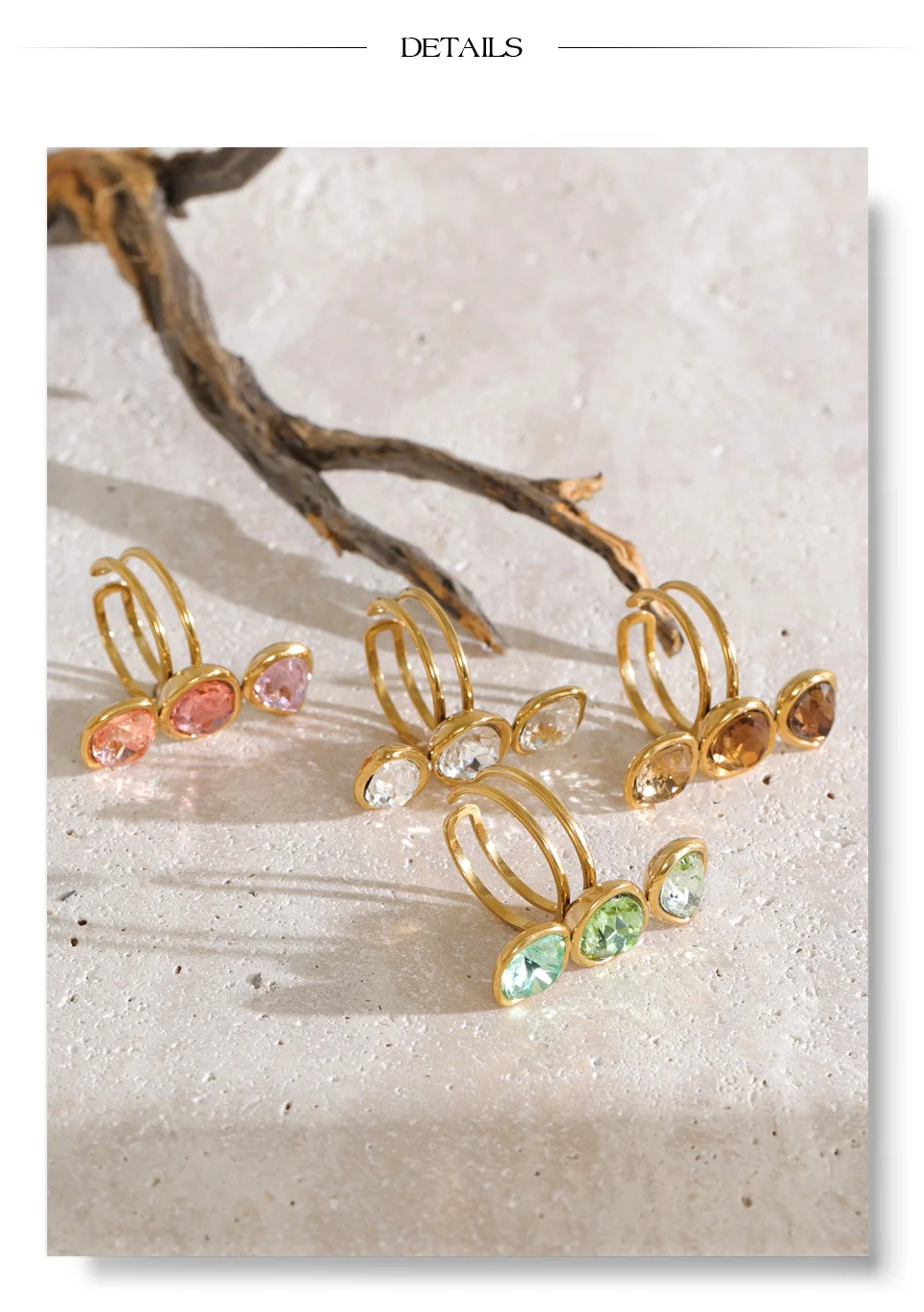 Yhpup Mehrfarbiger Edelstahl-Tropfenring mit quadratischem Kristall, offener, verstellbarer Ring, trendiger goldener Fingerschmuck. – Detail 10