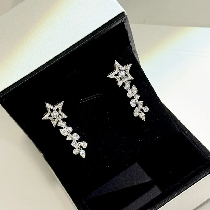 S925Silver Star Tassel Exquisite High Sense Full Diamond High Carbon Diamond Bright Pentagram Stud Earrings Star Earring with Sa