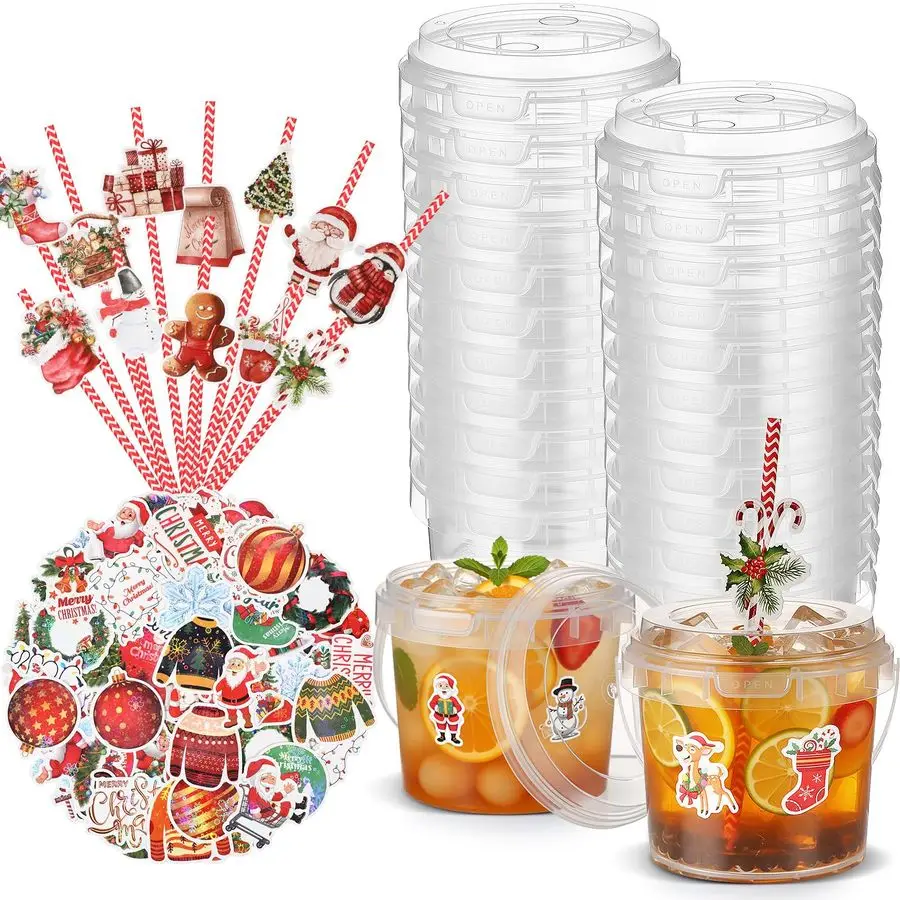 

Set 24 oz Christmas Plastic Bucket with Lids and Handles Drink Rum Buckets for Cocktail Clear Ice Cream Tub with 48 Straws and 2