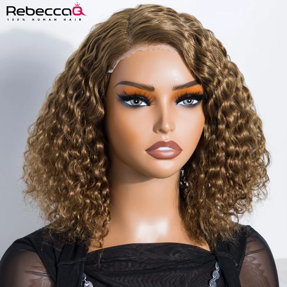 Glueless HD Lace Human Hair Short Curly Human Hair Wigs Dark Blond Wear To Go Deep Wig 200% Density Human Hair Deep Wave Bob Wig