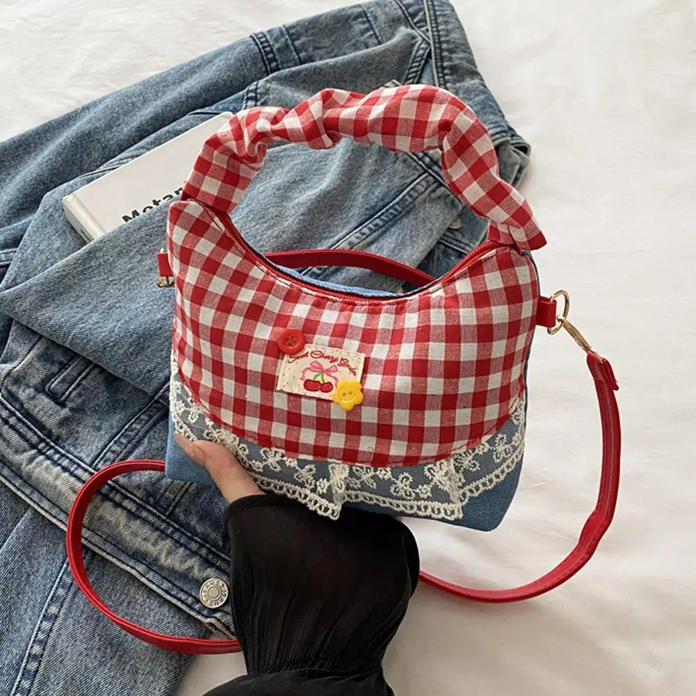 

French Style Floral Lace Cloud Bag, Fresh Plaid Splice Chain Crossbody & Shoulder Bag