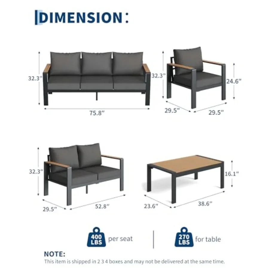 Aluminum Patio Furniture 3-Seat Patio Sofa for outdoor use, lightweight aluminum frame, matte black finish, rust-resistant and