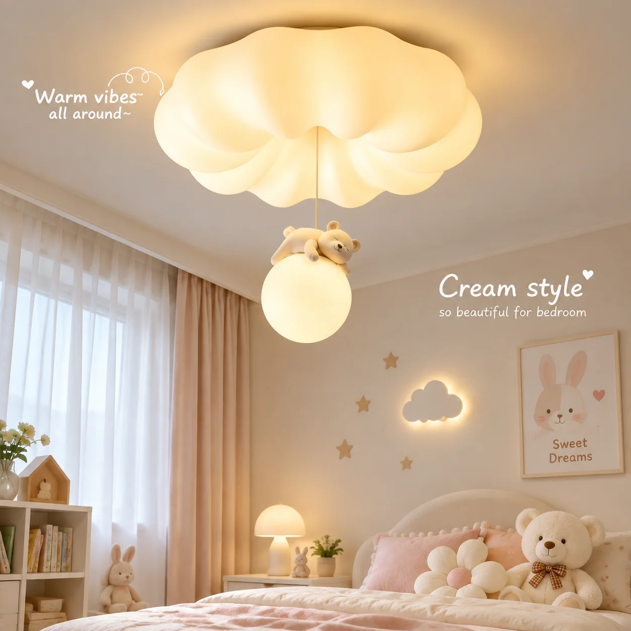 Cream Ceiling Lights Dimmable LED Ceiling Lamps Circular Bear Ceiling Light Children's Room Nursery Study Home Decor Lighting
