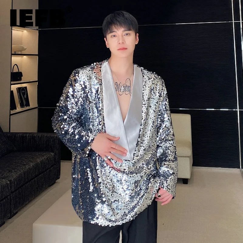 IEFB Niche Design Men's Suit Casual Three-dimensional Sequins V-neck Patchwork Loose Male Pullover Blazers New Stylish 9C7535