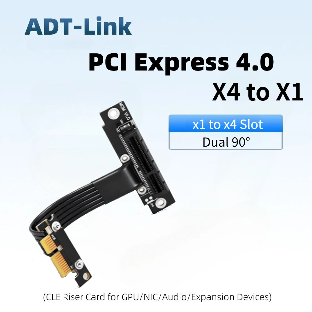 ADT M12SL PCI Express 4.0 x4 To x1 Riser Ribbon Cable Graphics Card PCI-E 1x To 4x Extension Cable Dual 90 Degree Riser Extender