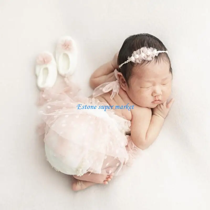 

090B Baby Photography Props Tulle Romper Dress Headband Infant Monthly Photo Props