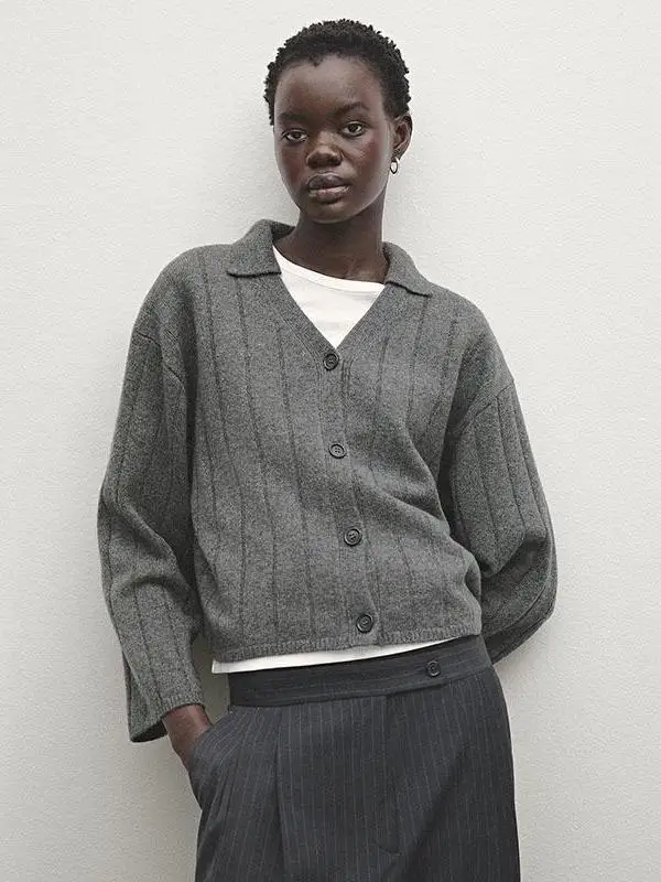 

Casual Knitted ey Collar Open Front Sweater New Arrival Spring 2025 Women's Faion Loose Fit Long Sve Pure Color