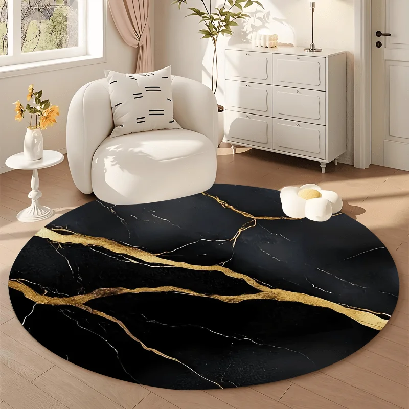Luxury Round Black Marble Gold Vein Polyester Rug Mat for Living Room Bathroom Outdoor Indoor Home Decor Accent Carpet