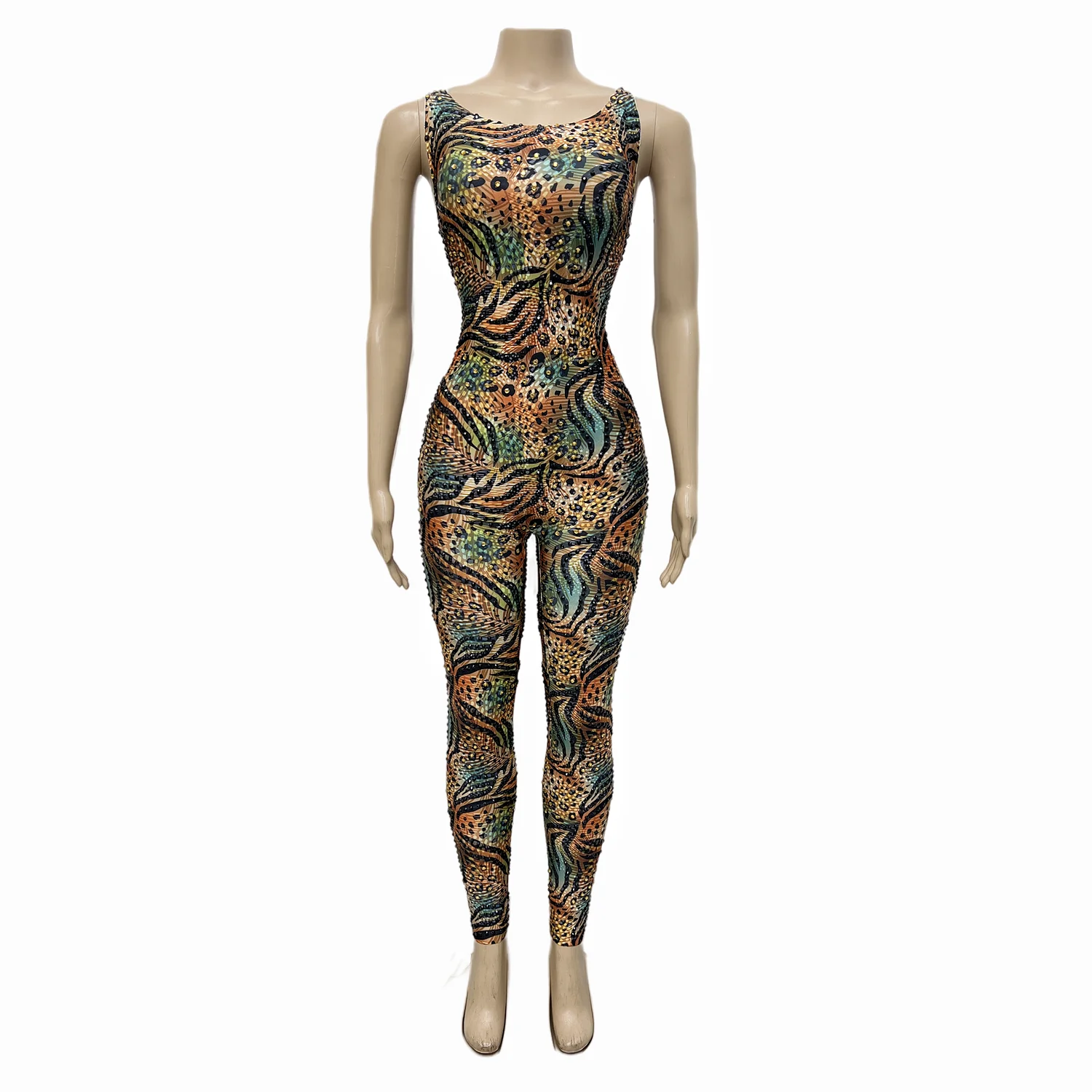 

Colorful Pattern Black Gold Rhinestones Stretch Jumpsuit Birthday Celebrate Bodysuit Outfit Performance Costume baowen
