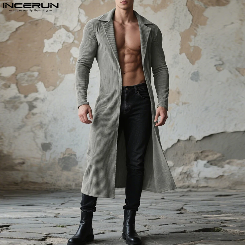 

INCERUN Men Long Style Trench Solid Color Lapel Long Sleeve Casual Male Thin Coats Streetwear Open Stitch Fashion Outerwear Men