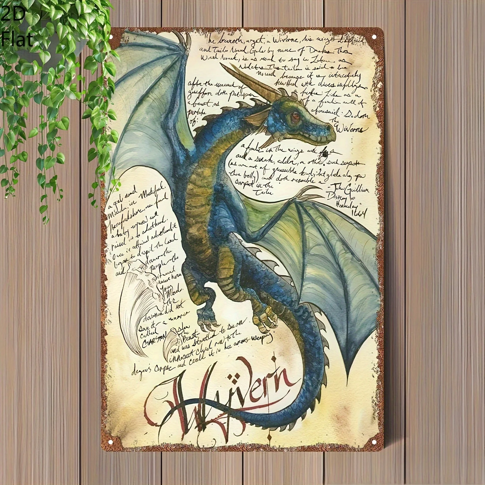 Plane Mystery Dragon Metal Wall Art -   Retro Tinplate Fantasy Decor with Handwritten Script, Blue & Green Mythical Creature D