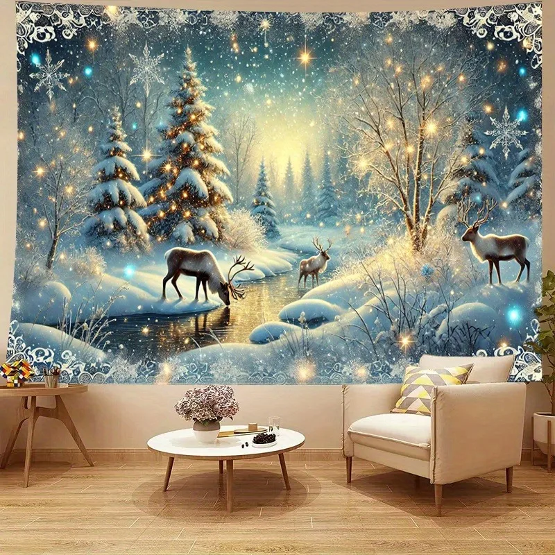 2D Flat, Large Winter Snowy Forest Deer Wall Tapestry - Horizontal Flannel Wall Hanging with Deep White Snow Landscape, Deer, Ri