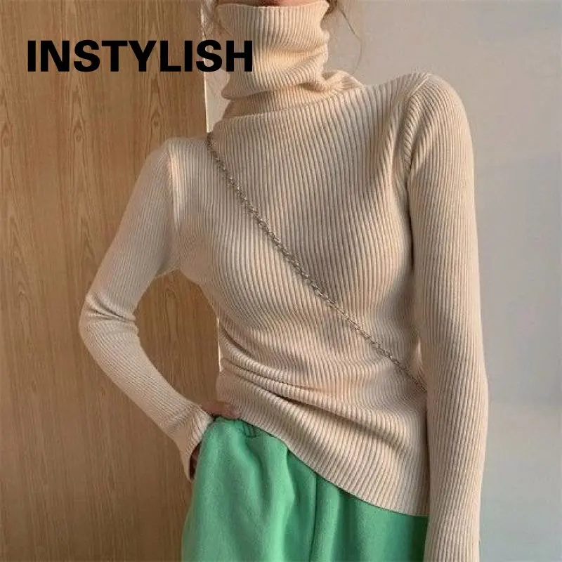 Kobiety elegancki sweter z golfem palec dziura jesień zima Vintage Harajuku Slim bluzy proste wszystko mecz dziergany sweter