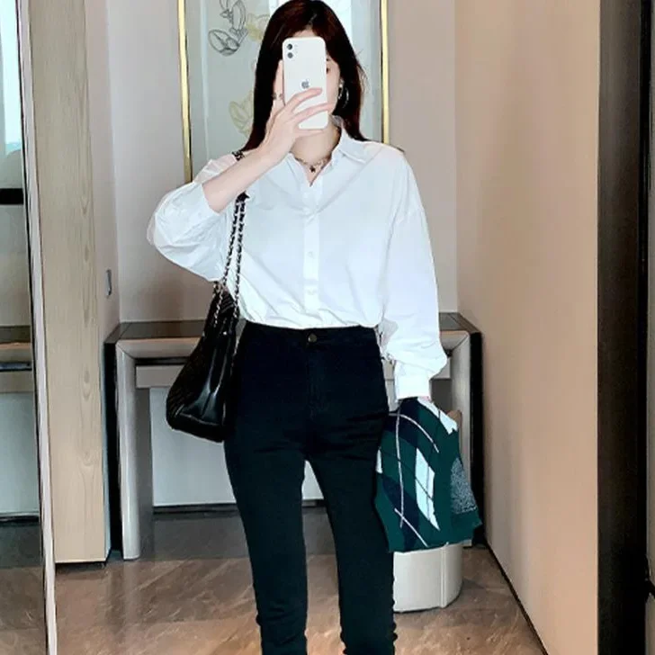 Uniform Shirt Basic Long-sleeved White Shirt Women's New Versatile Basic Overalls with Retro Shirt Women's