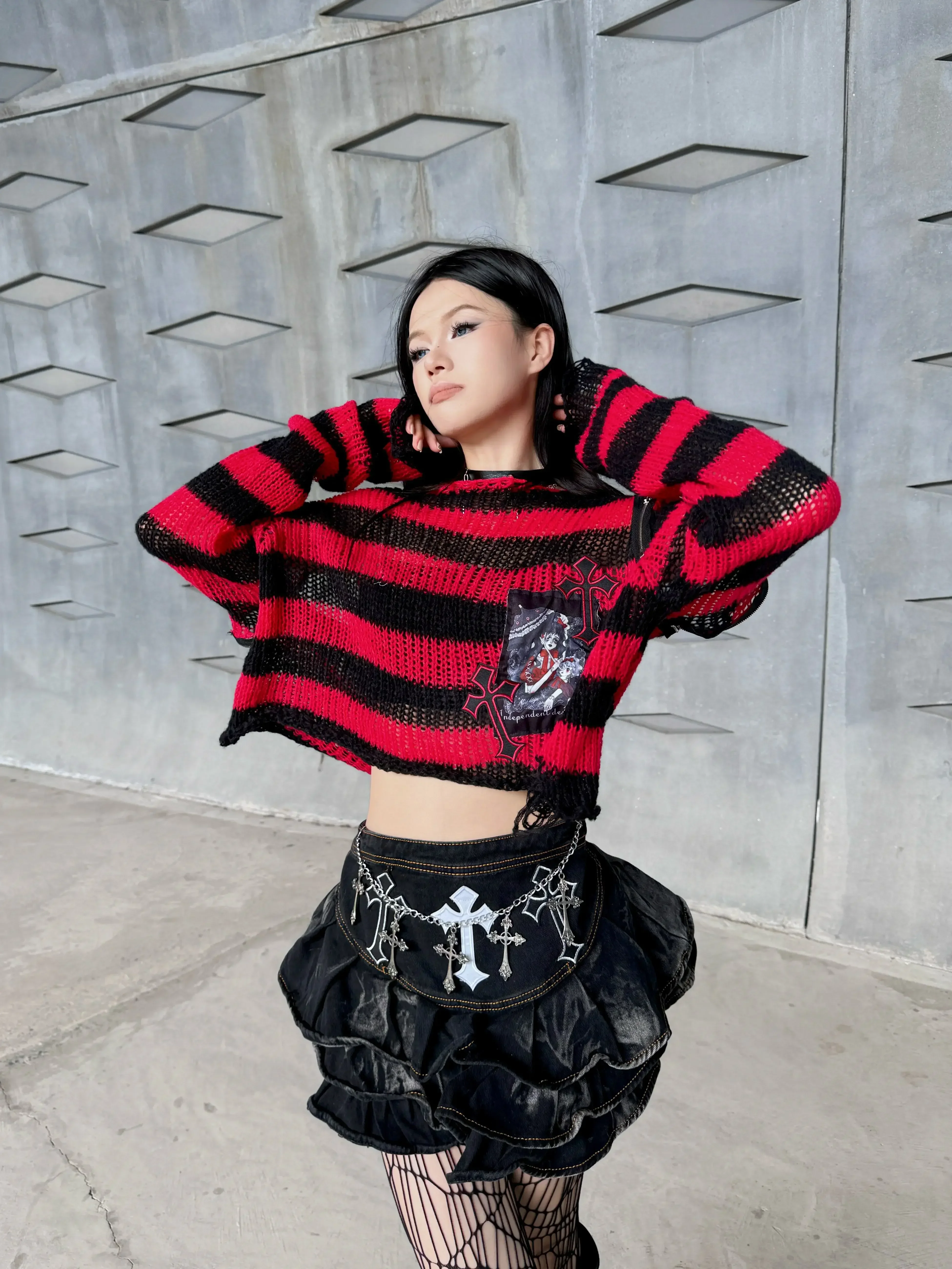 Original Dark Off-the-shoulder Striped Knitted Sweater Female Autumn Punk Subculture Short Long Sleeve Pullover Knitwear Women