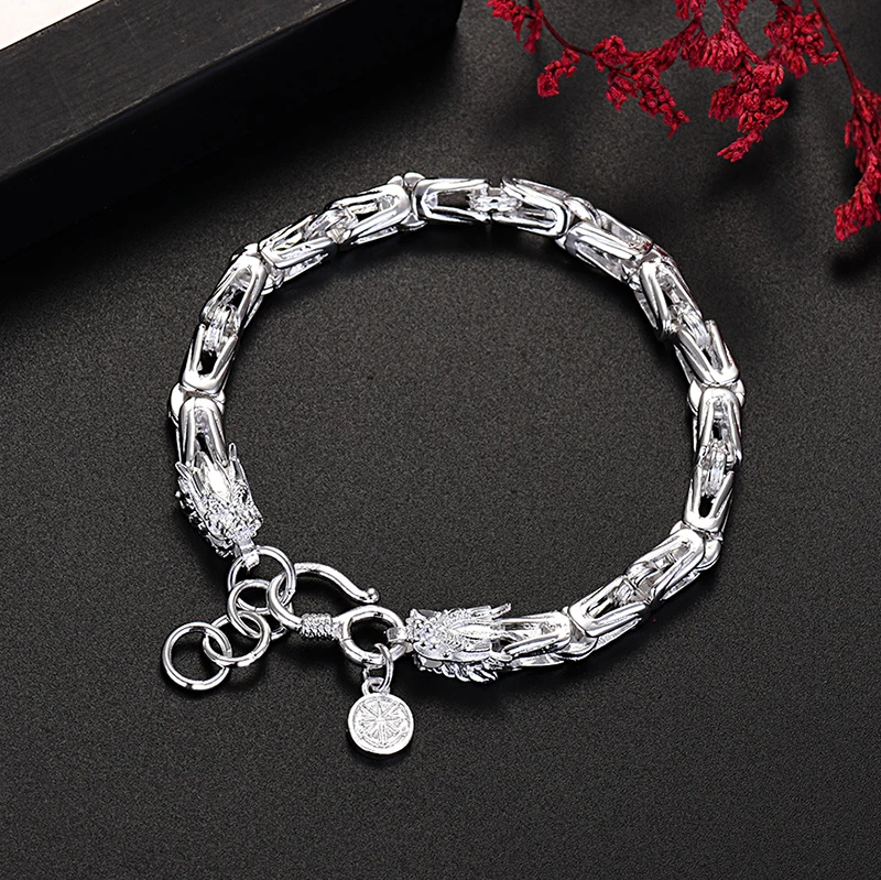 925 sterling silver grid chain hip-hop men's and women's jewelry charm domineering double dragon head bracelet couple gift