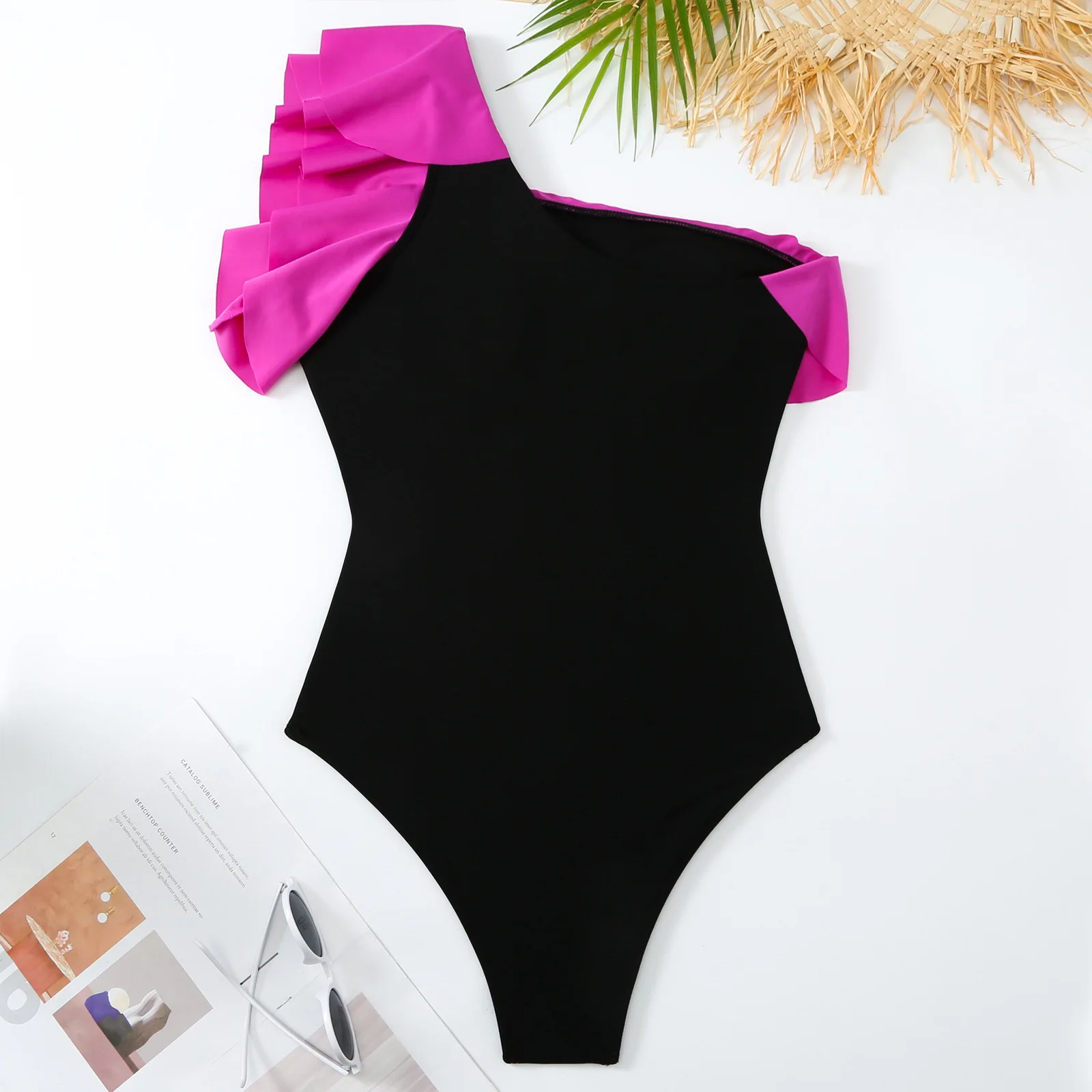 Traje de baño con volantes para mujer, de corte alto Monokini, falda de un hombro, ropa de playa, Sexy2024