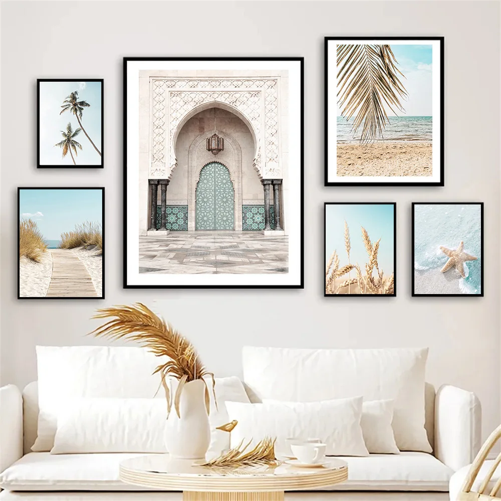 Aqsa Moque Sea Waves Beach Coconut Trees Surfboard Wall Art Canvas Painting Nordic Posters And Prints Pictures Living Room Decor