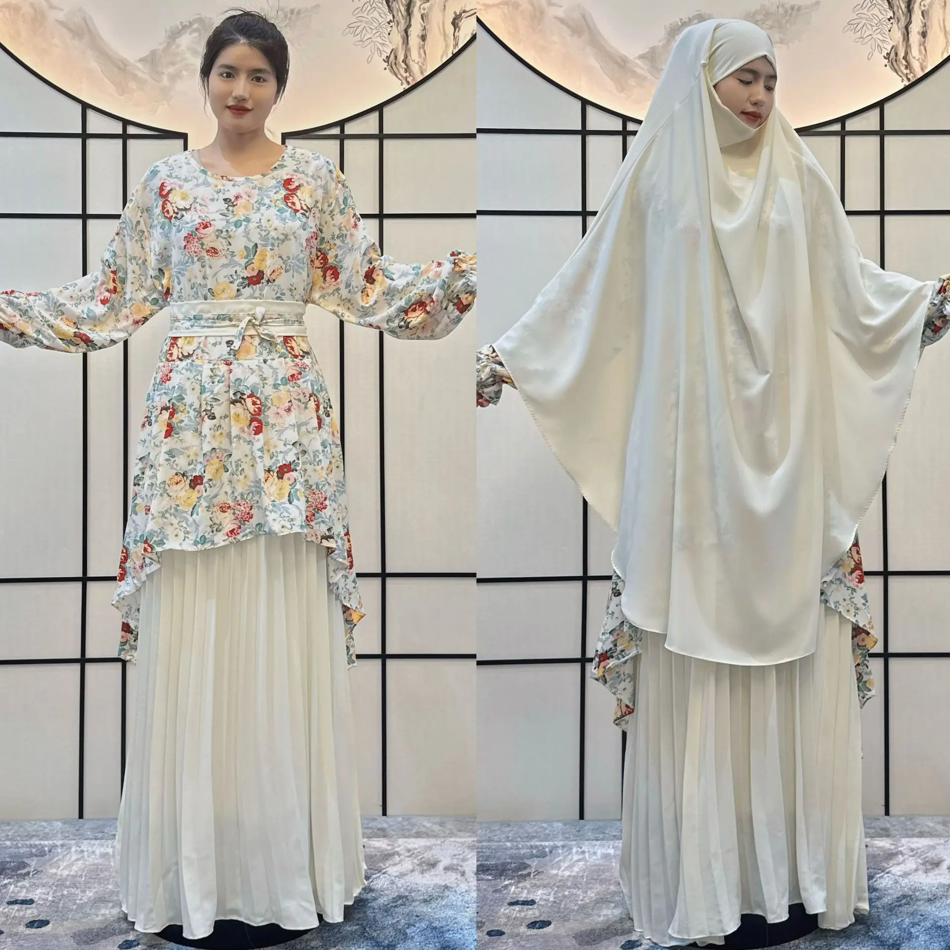 Eid Ramadán Jalabiya-Conjunto de 2 piezas para mujer, Abaya de oración para mujeres modestas, Khimar Hijab, vestido largo, caftán musulmán, traje de ropa islámica