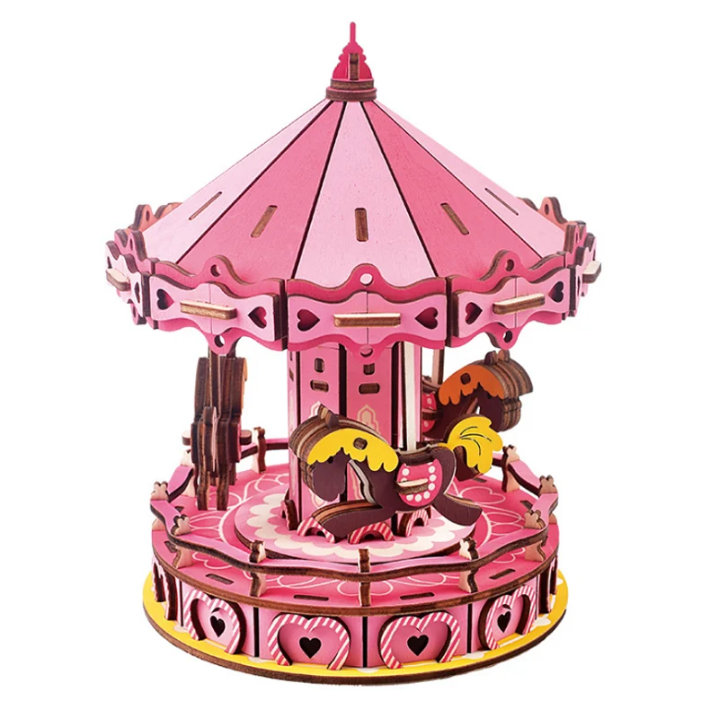 Merry Go Round Carousel Wooden 3D Puzzle, Simulação de DIY, Modelo de madeira, Brinquedos infantis para crianças, Jogos de festa para meninas