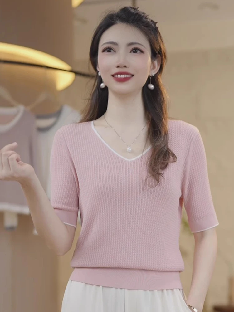 

Ele V-Ne Ice Silk Knitted Top ort Sve Commute Friendly Women's Summer Faion Age-Defng Gentle Luxury Basic Tee