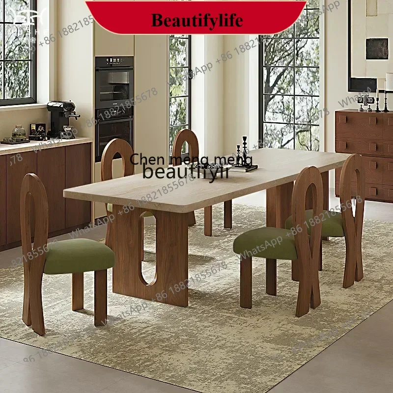 

D178 French retro bottom hanging trapeze rock slab dining table designer home rock slab solid wood dining table