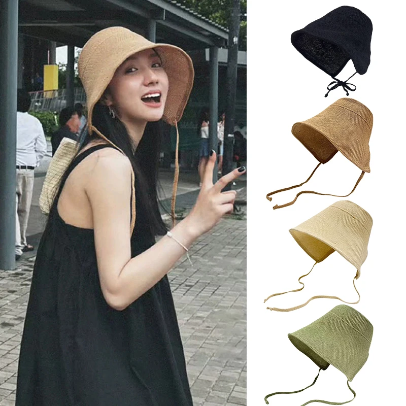 Chapeaux de soleil en paille de lin pour femmes, style Regency, avec nœud, casquette de plage à large bord, chapeau cloche, chapeau femme à lacets, pour l'extérieur et l'été