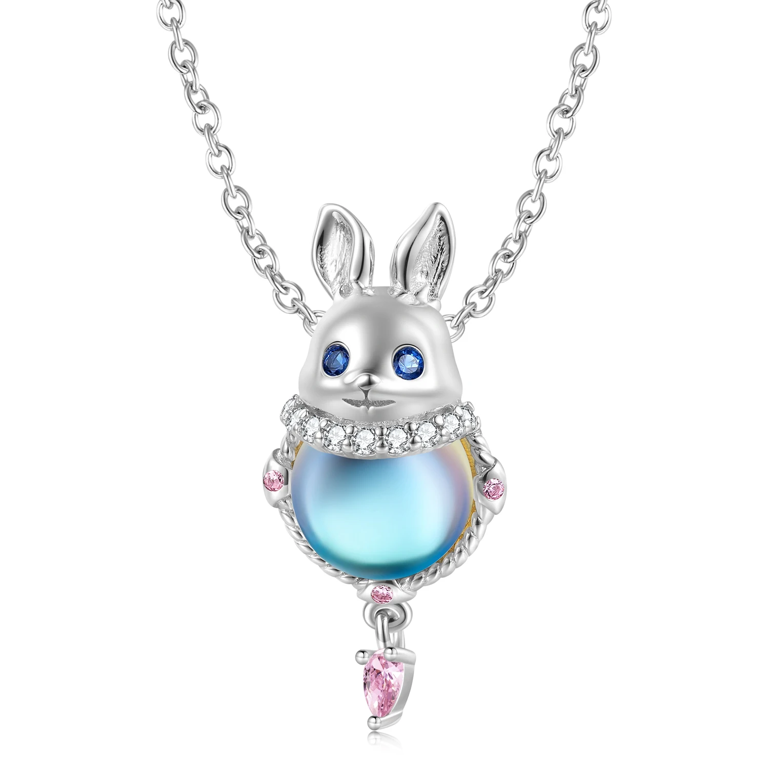 925 Sterling Silver Moonlight Stone Rabbit Pink Zircon Necklace Enamel Cute Animal Charm Chain Link for Women Gift 45CM chain