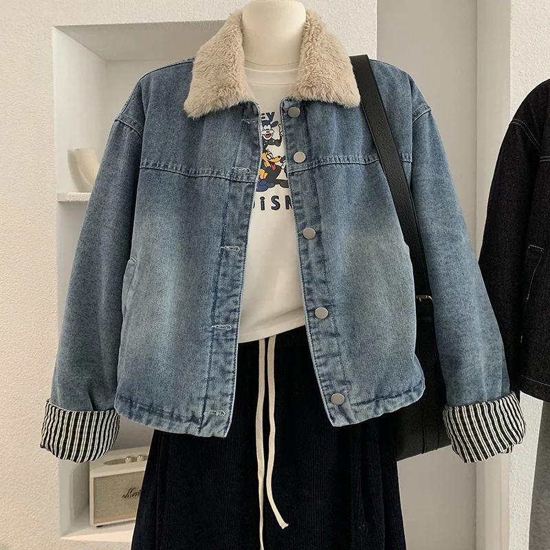 

Retro Faux Fur Collar Thiened Denim Jaet Women's Winter New Loose Warm Parka Cotton Clothes Long Sve Button Closure