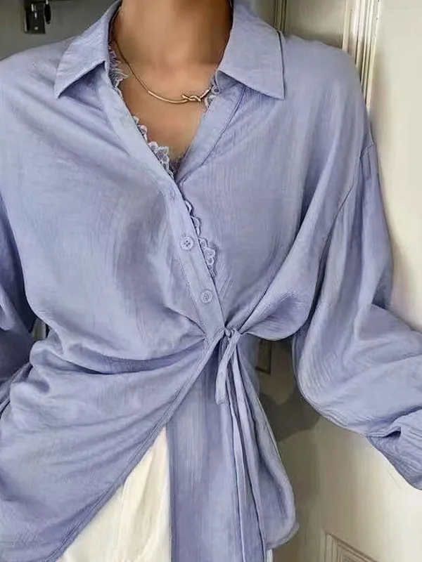 

lectual Sle Blue Long Sve irt with Belt Women's Loose Fit Cotton Blend Button up Cardigan for Autumn 2025