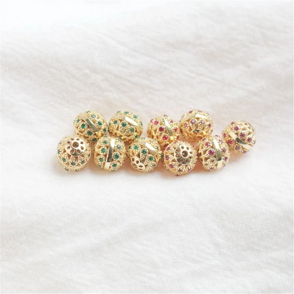 14K Gold Colored Hollow Inlaid Zirconia Beads, Embroidered Ball, Separated by Loose Beads, DIY Bracelet Necklace Accessories