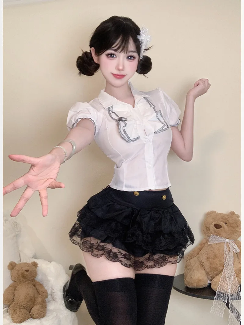 Sweet Black Skirts Set Sexy Short Skorts Puff Sleeves White Shirt Cute Girl Seductive Charming Fashion Women Lace Mesh Set Q5RC