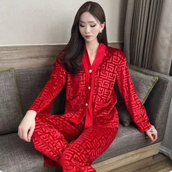 Autumn and Winter New Women's Plaid Jacquard Long Sleeve Trousers Canary Plush Can Be Worn Outside Pajamas Home Suit