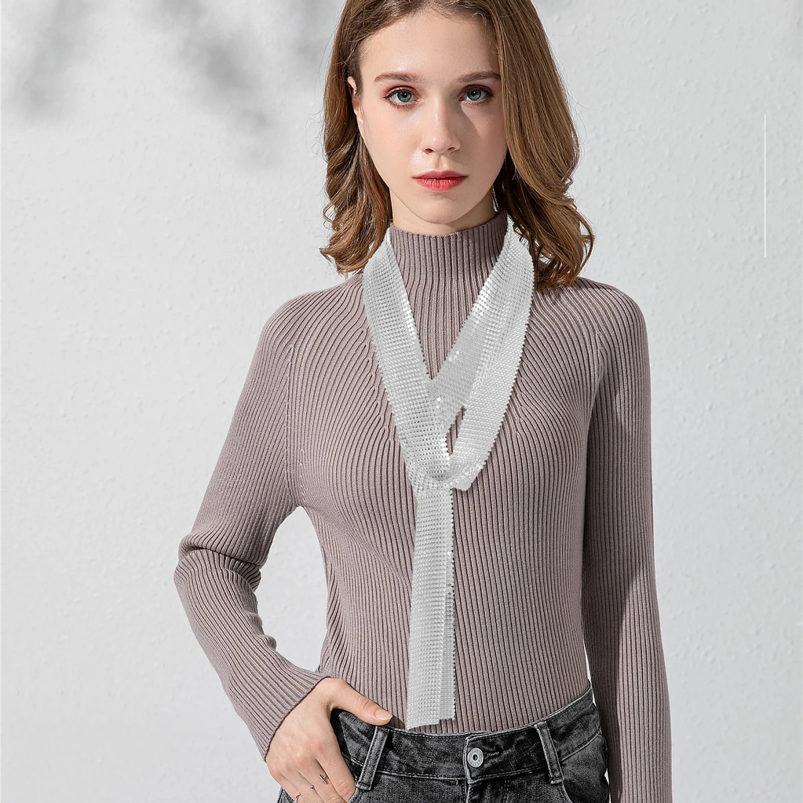 

Metal Sequin Scarf Necklace for Party Evening Glitter Long Thin Shawl Sparkle Nekerchief Formal Necktie Dazzling Fashion