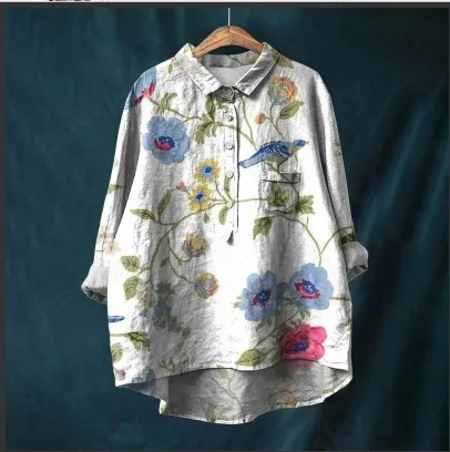 2024 Vintage Floral Print Flax Blouse For Woman Fashion Lapel Long Sleeve Blouses Women Autumn Buttons Pullover Loose Top Female