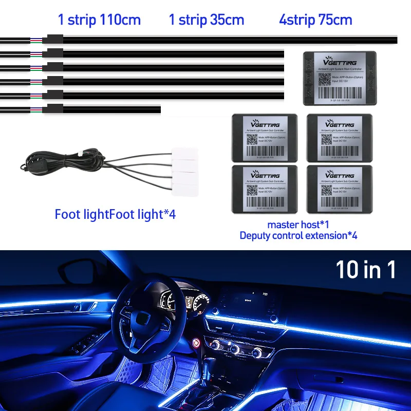 Full Color Streamer Auto Omgevingslichten RGB 64-kleuren Universeel LED-interieur Verborgen acrylstrip Symfonie Sfeerlamp
