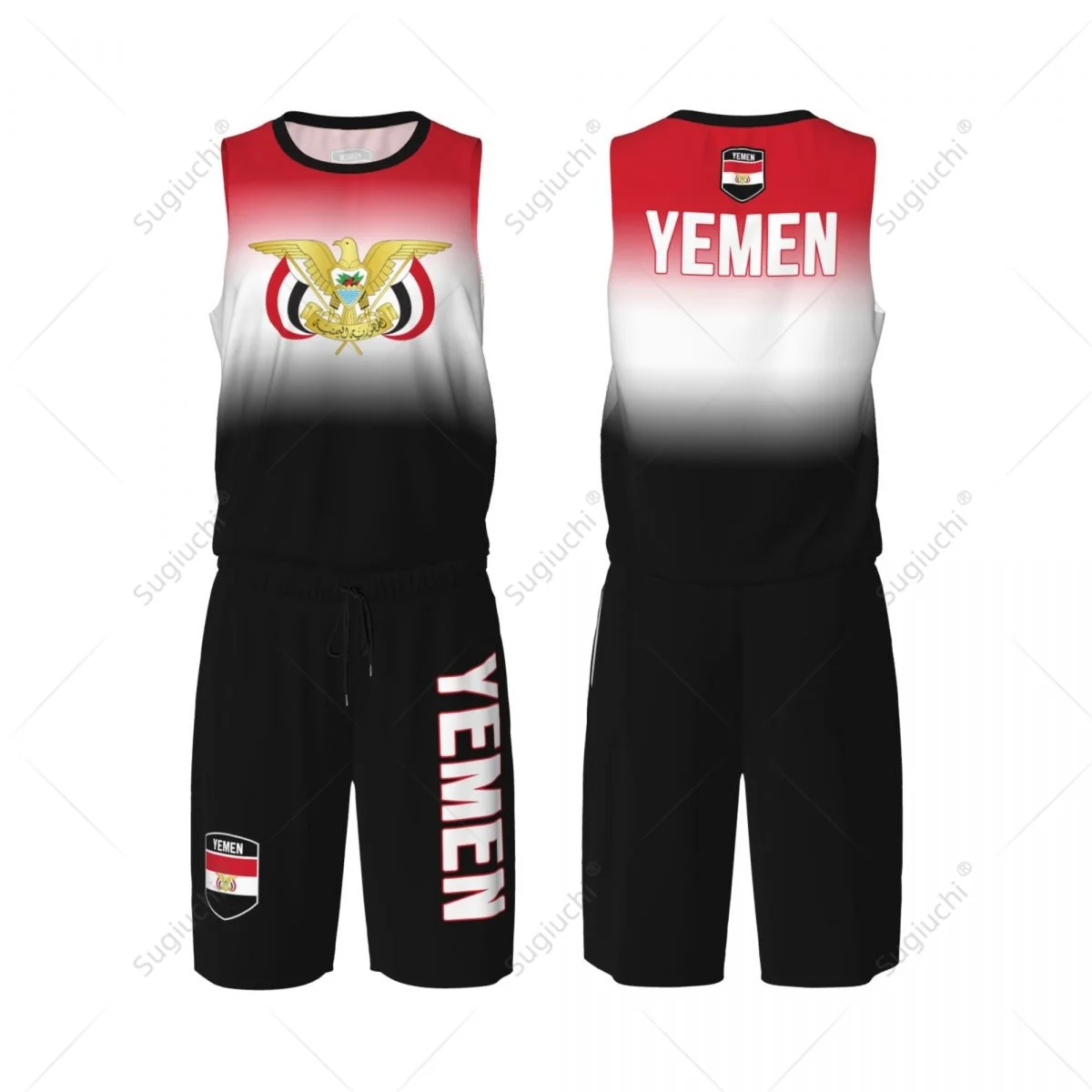 

Men Yemen Flag Basketball Jersey Set Mesh Shirt & Pants Sleeveless Exclusive Team-up Custom Name Nunber Unisex