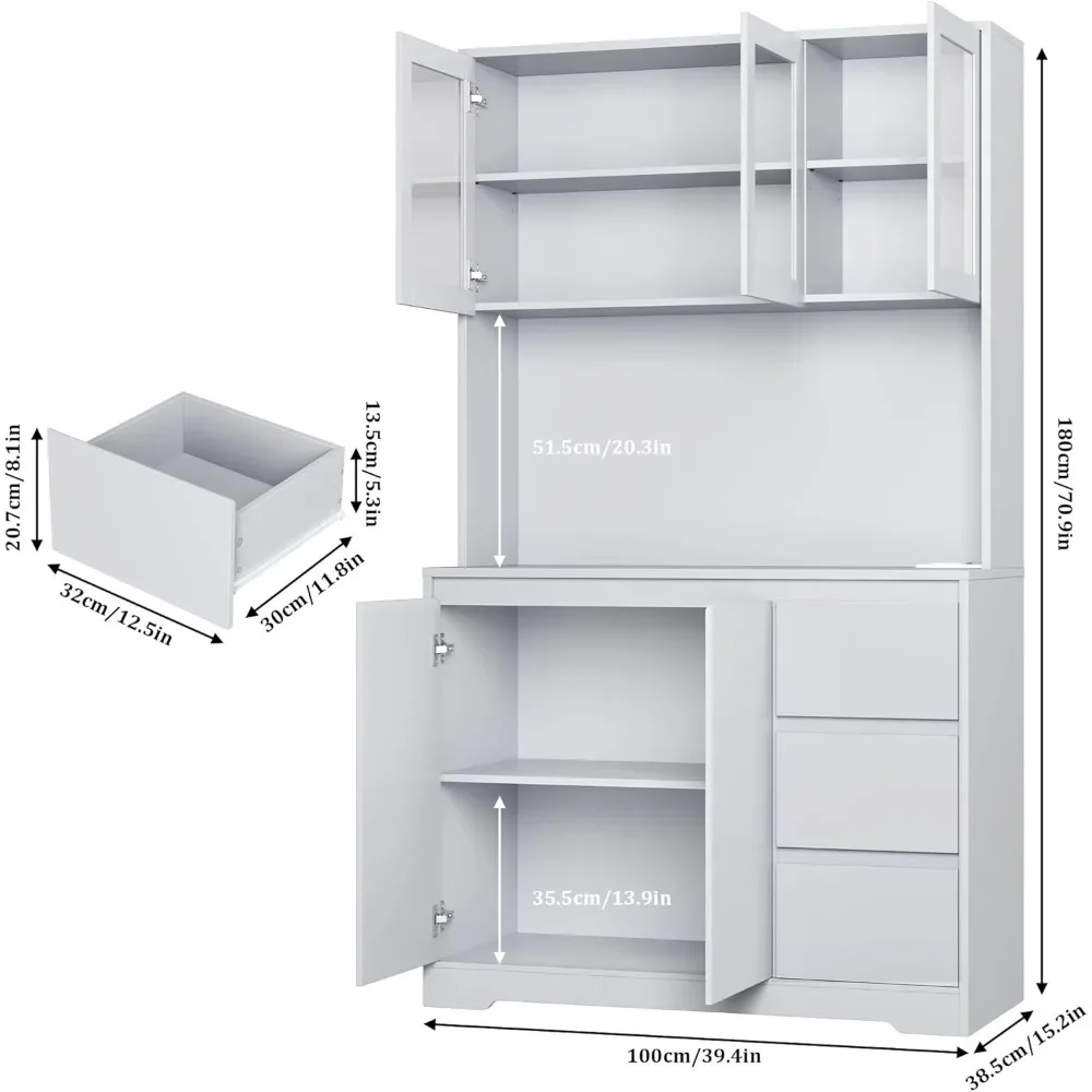 Cabinets.71Kitchen Pantry CabinetwithLEDLights and Charging StationModern Kitchen Hutch Cabinet with Storage and Microwave Stand