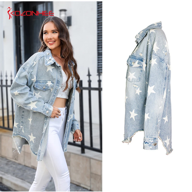 

Starry Print Long Sleeve Denim Trench Coat: Casual and Relaxed Women's Denim Jacket with European and American Boyfriend Vibes