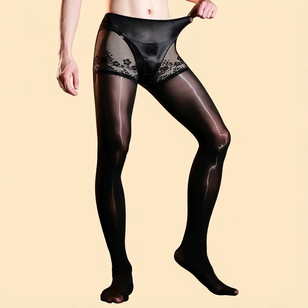 Men's Ultrathin Oil Shiny Pantyhose Fashion 2 In 1 Underpants Patchwork Tights Man Shaping Leggings Elastic Lingeries view 2
