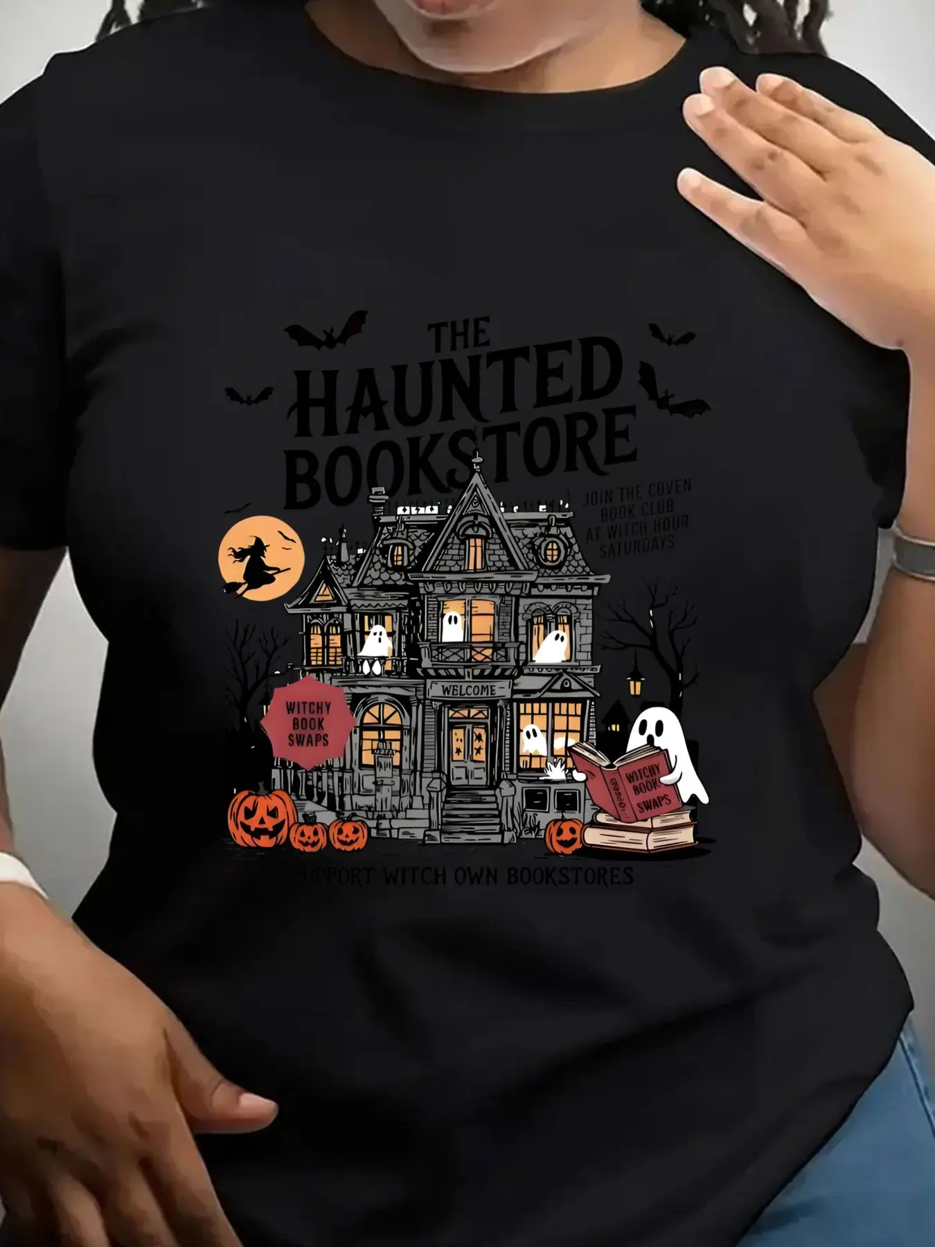 Women's Trendy Crew Neck T-Shirt the Haunted Bookstore Halloween Design Suitable for Casual Sportswear
