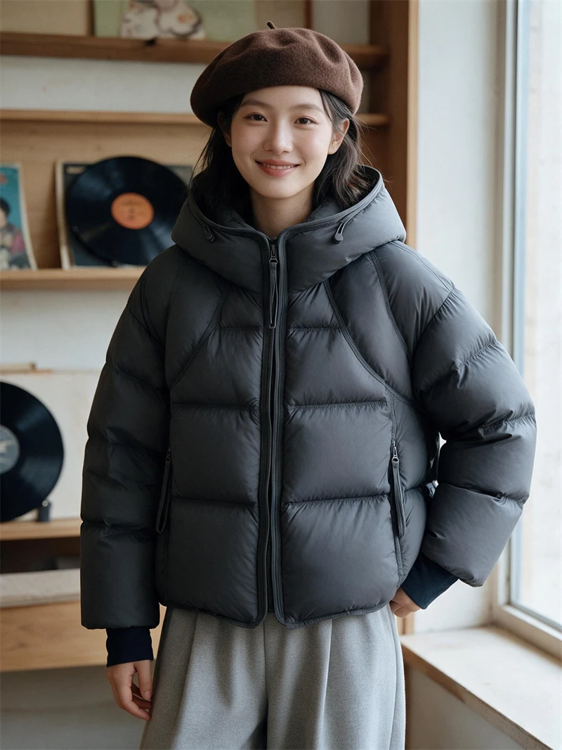 ZAROY Damen Winterjacke, verdickte warme Kapuzen-Baumwollparka, koreanischer Stil, einfarbig, vielseitig, lässiger kurzer Mantel, Schnee-Oberbekleidung, Winterjacke – Detail 30