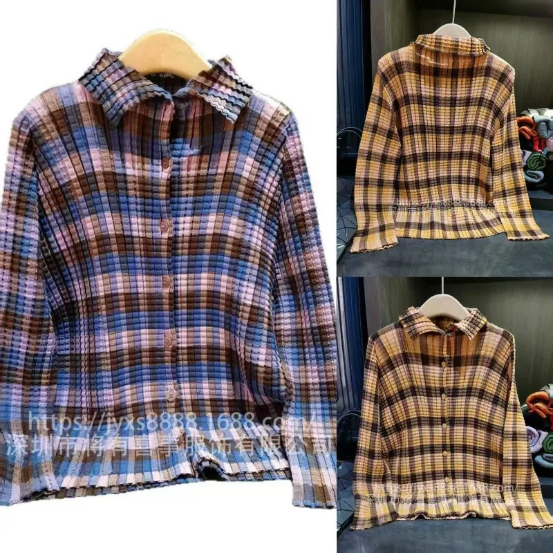 

Miyake плиссированная блузка, винтажная клетчатая рубашка, топ, художественный кардиган с длинными рукавами и одной пуговицей, рубашка с воротником-поло, складная женская рубашка