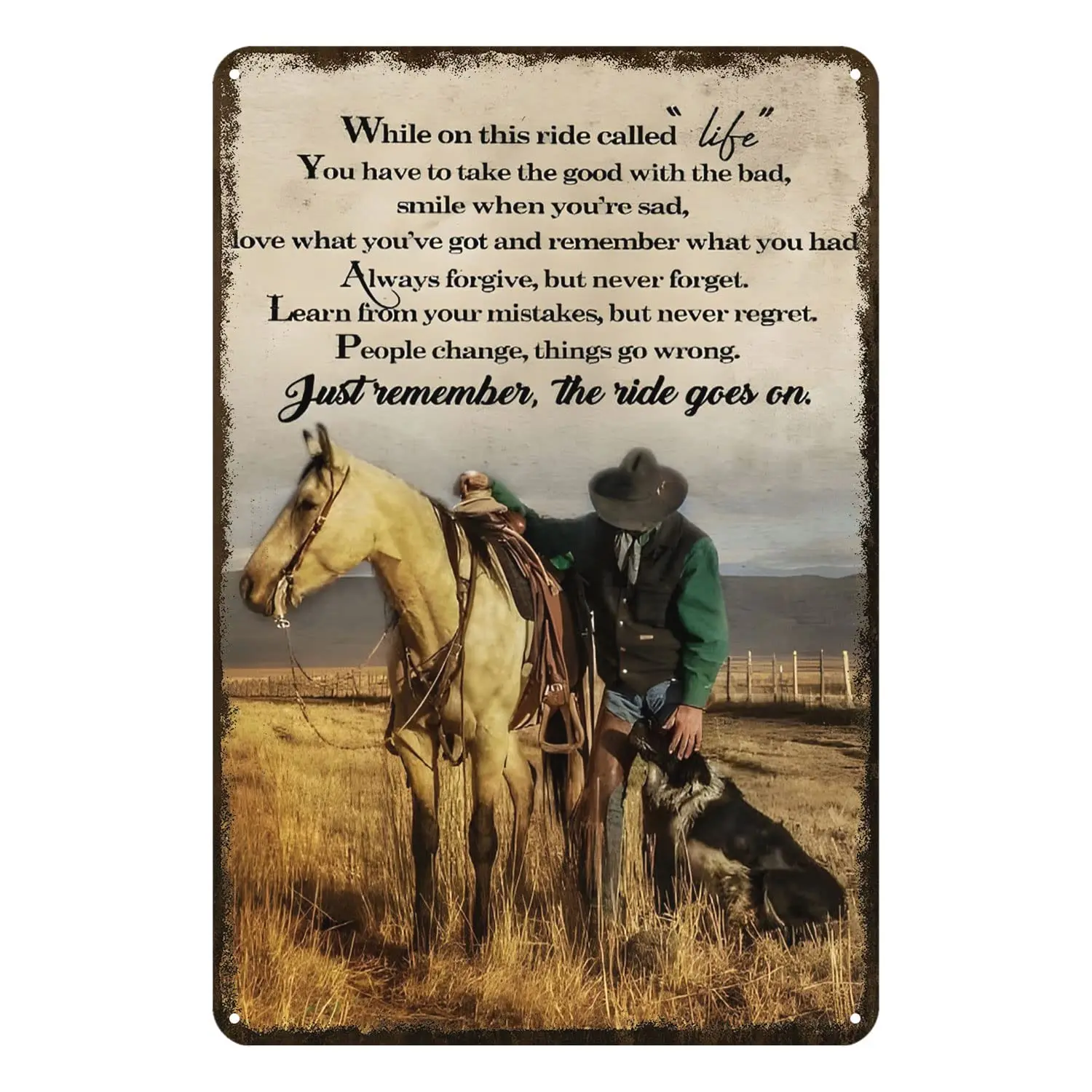 Aenaon Vintage Tin Signs While On This Ride Called Life Retro Cowboy Tin Sign Home Kitchen Bar Wall Decor Man Cave Decor Sign We