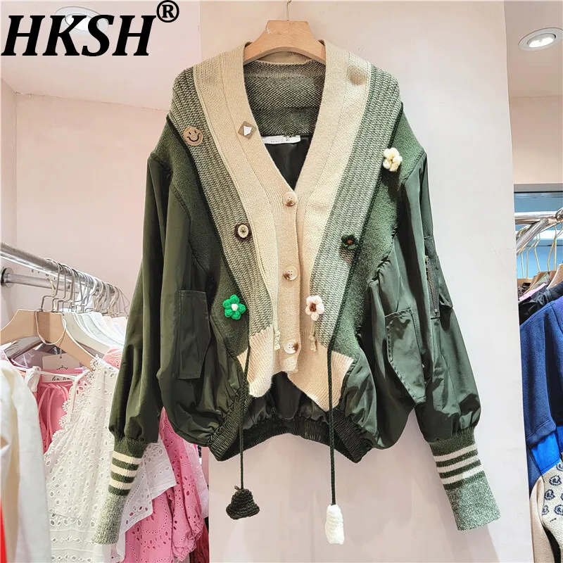 

HKSH Autumn New Women American Retro Jacket Batwing Sleeve V-neck Contrast Color Patchwork Knitted Streetwear Casual Coat HK9056