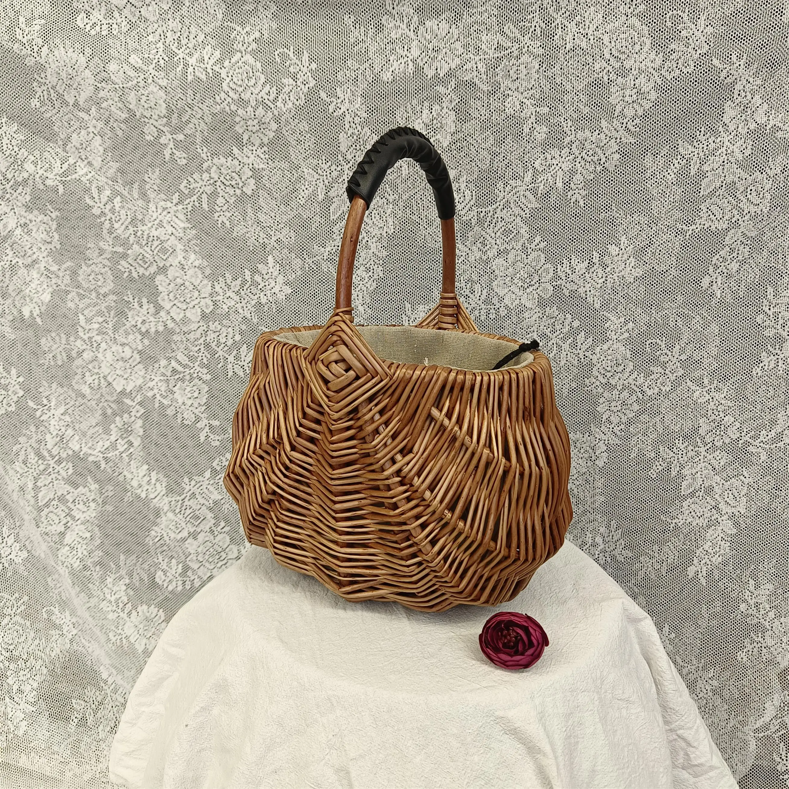 

Hanrted Wier Buet Bag Эллиптическая корзина для пикника Винтажная ручная работа с кожаной ручкой Корейская сумка Sle Hard ell oulder Bag