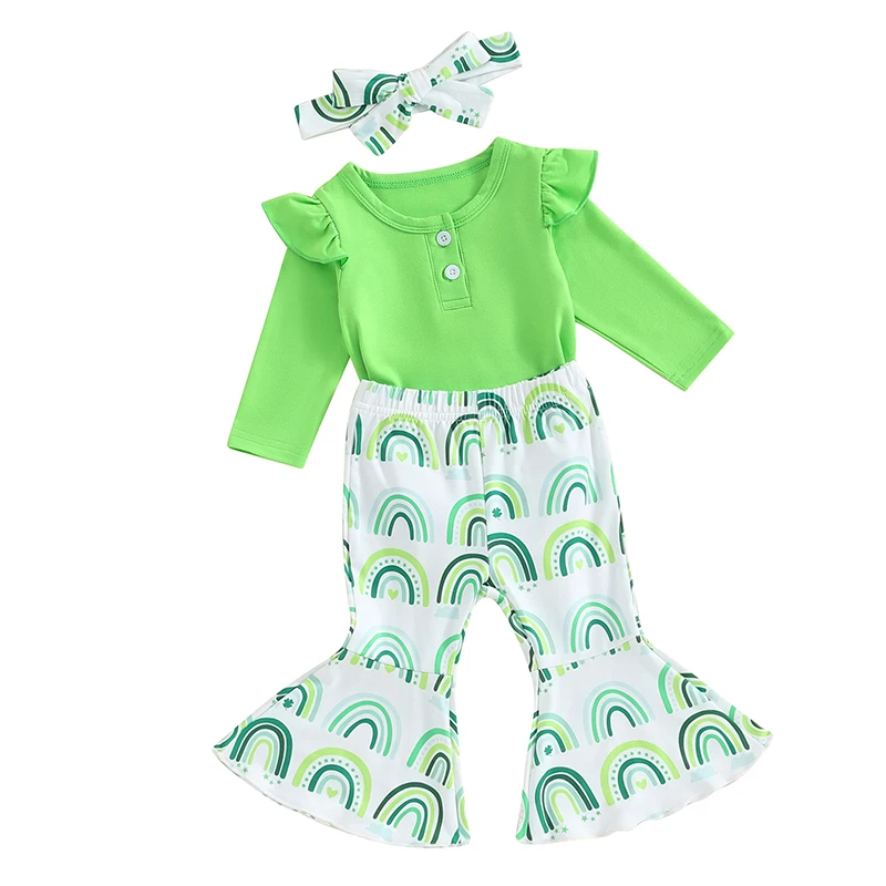 

St Patrick s Irish Day Baby Girls 3PCS Outfits Long Sleeve Romper Rainbow Flare Pants Headband Set Infant Clothes