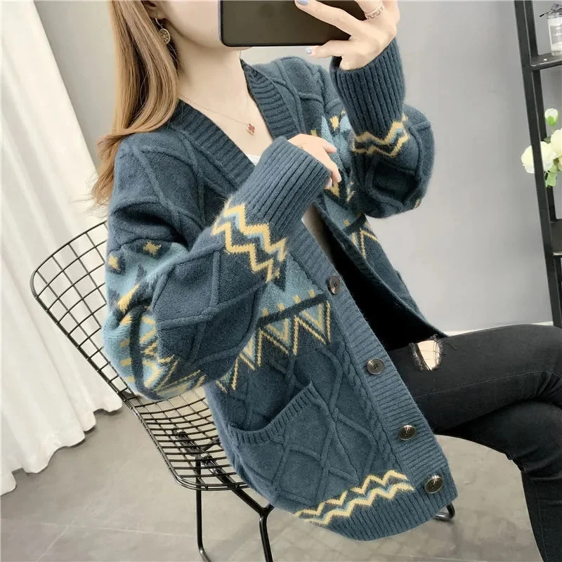 Knitted Cardigan New Sweater Coat Women Loose Spring Autumn Jacquard Wearing Online Celebrity Korean Lazy Wind Top Female