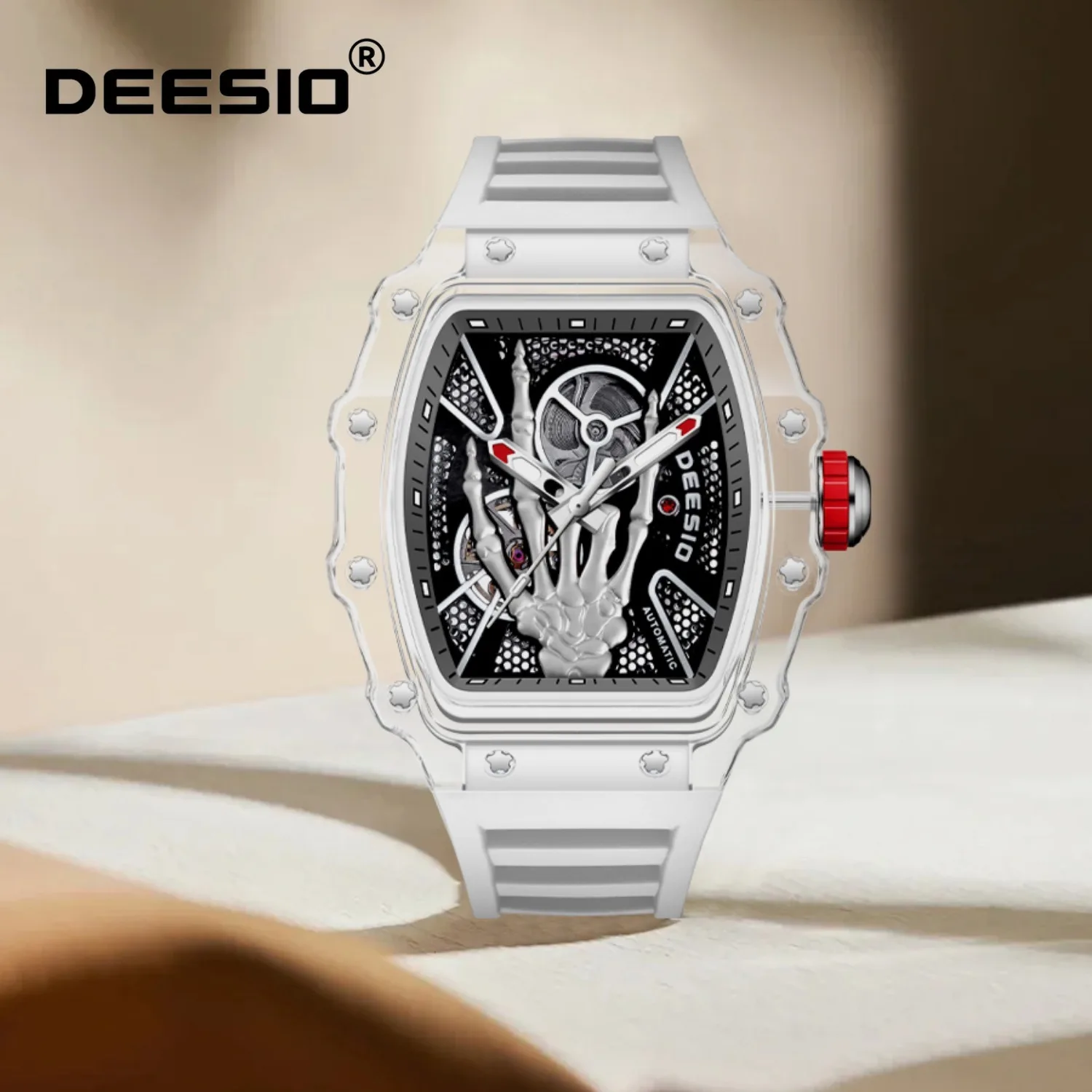 

Deesio Men's Automatic Mechanical Wristwatch Watch Skeleton Transparent Case Movement Tonneau Plastic Titanium Luminous Hands